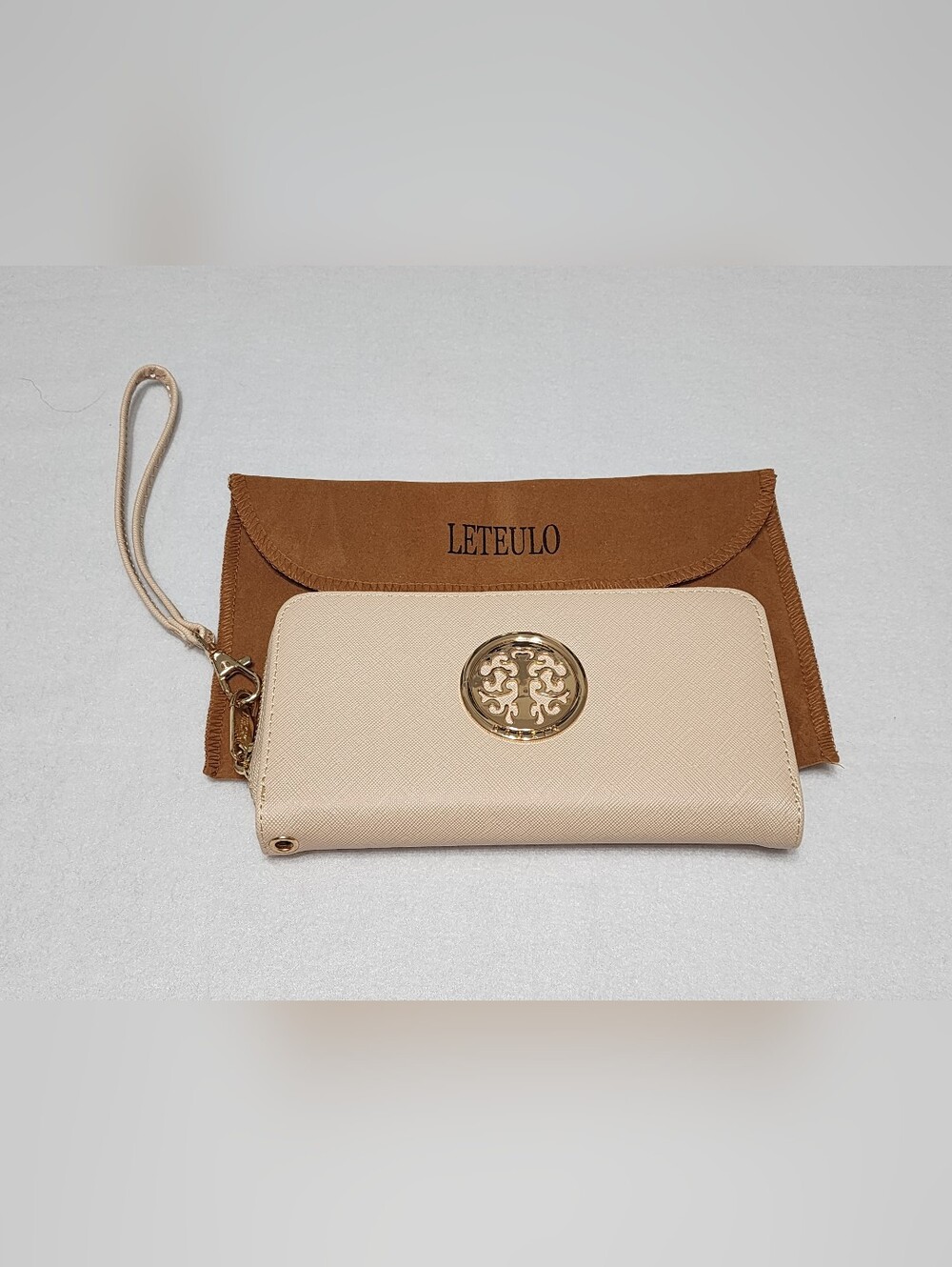 Leteulo Beige Wristlet Wallet Zip Around Clutch Organizer Gold Tone